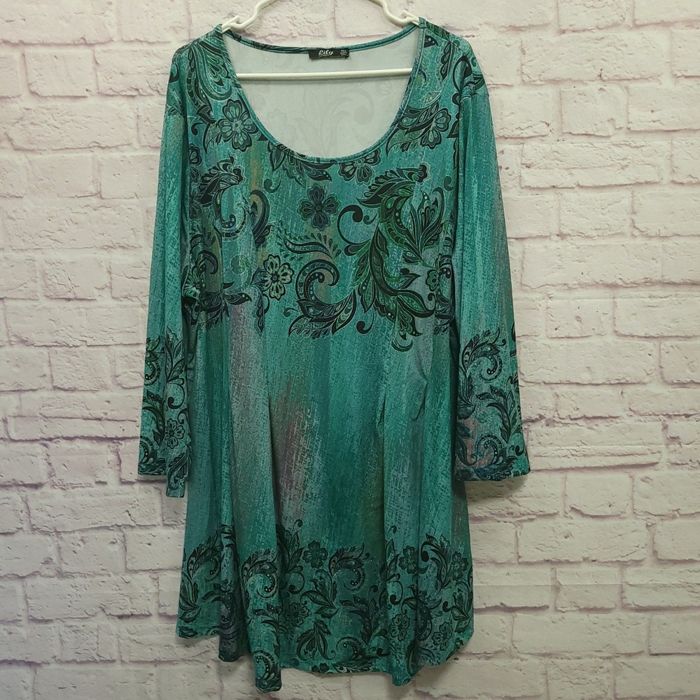 Lily by Firmiana Floral Paisley Tunic Blouse 4XL 3/4 Sleeve Green Whimsygoth 90s